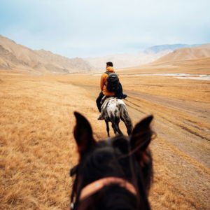 Two people riding horses through a dry, mountainous landscape.